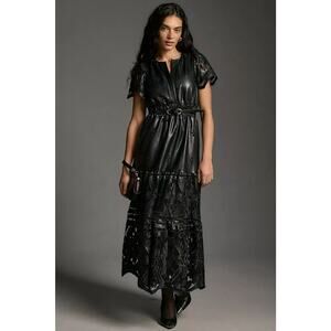 NWT Anthropologie The Somerset Maxi Dress: Faux Leather Embroidered BLACK XS